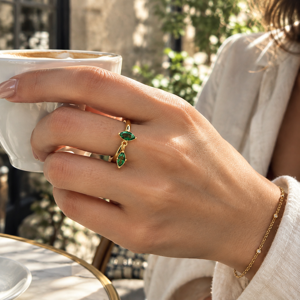 Dainty Marquise CZ Dangling Ring, 18K Gold Plated Drop Charm Ring, Emerald Clear Zircon Stackable Ring, Minimalist Statement Jewelry for Women