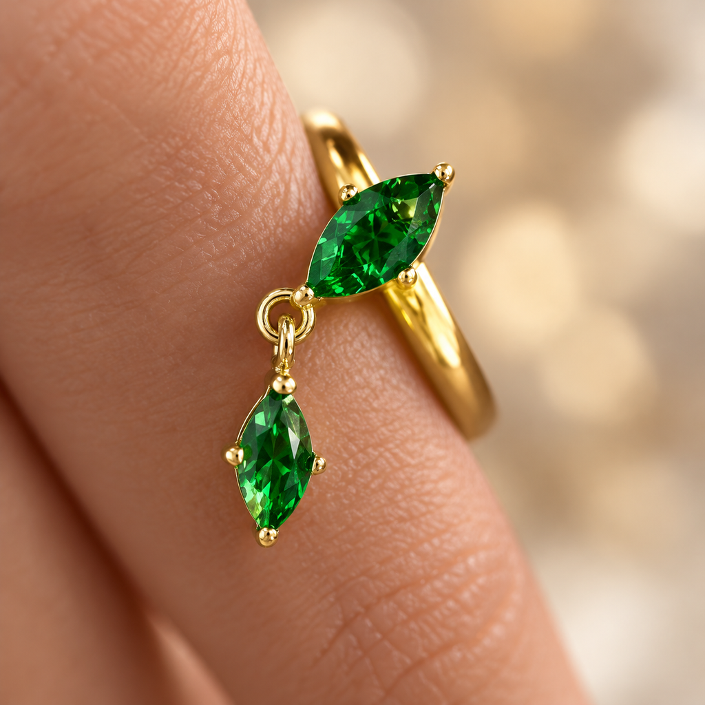 Dainty Marquise CZ Dangling Ring, 18K Gold Plated Drop Charm Ring, Emerald Clear Zircon Stackable Ring, Minimalist Statement Jewelry for Women