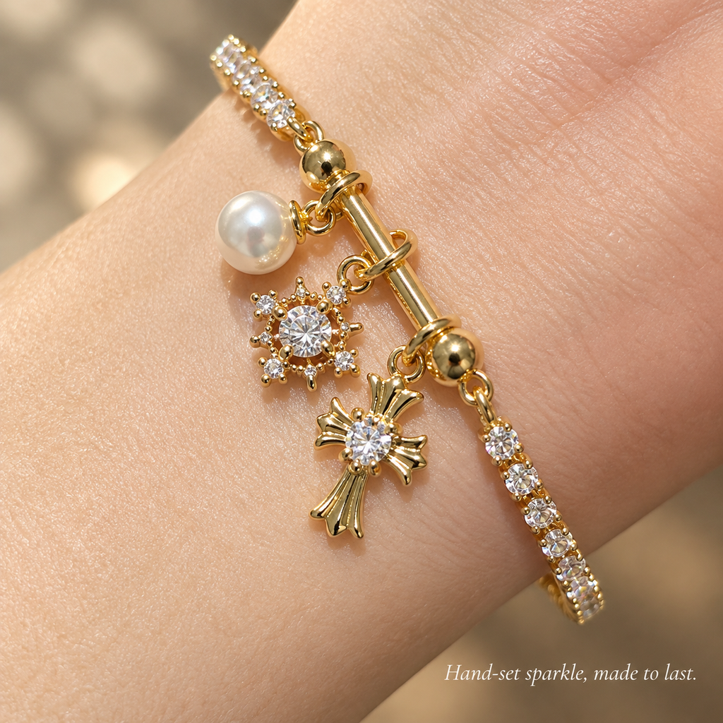 18K Gold Plated Pearl Star Cross Charm Tennis Bracelet, Dainty Cubic Zirconia Stackable Bracelet for Women, Golden Glow Charm Bracelet