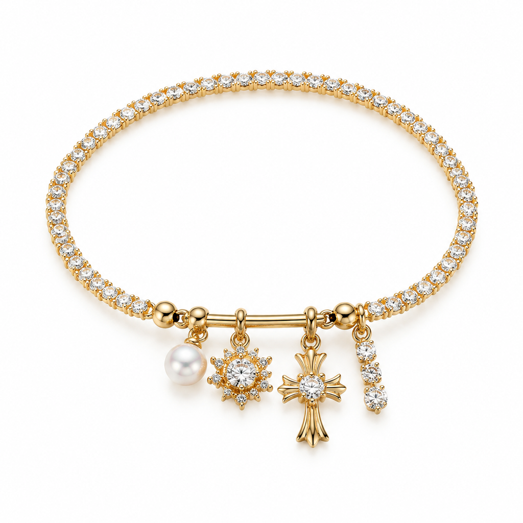 18K Gold Plated Pearl Star Cross Charm Tennis Bracelet, Dainty Cubic Zirconia Stackable Bracelet for Women, Golden Glow Charm Bracelet