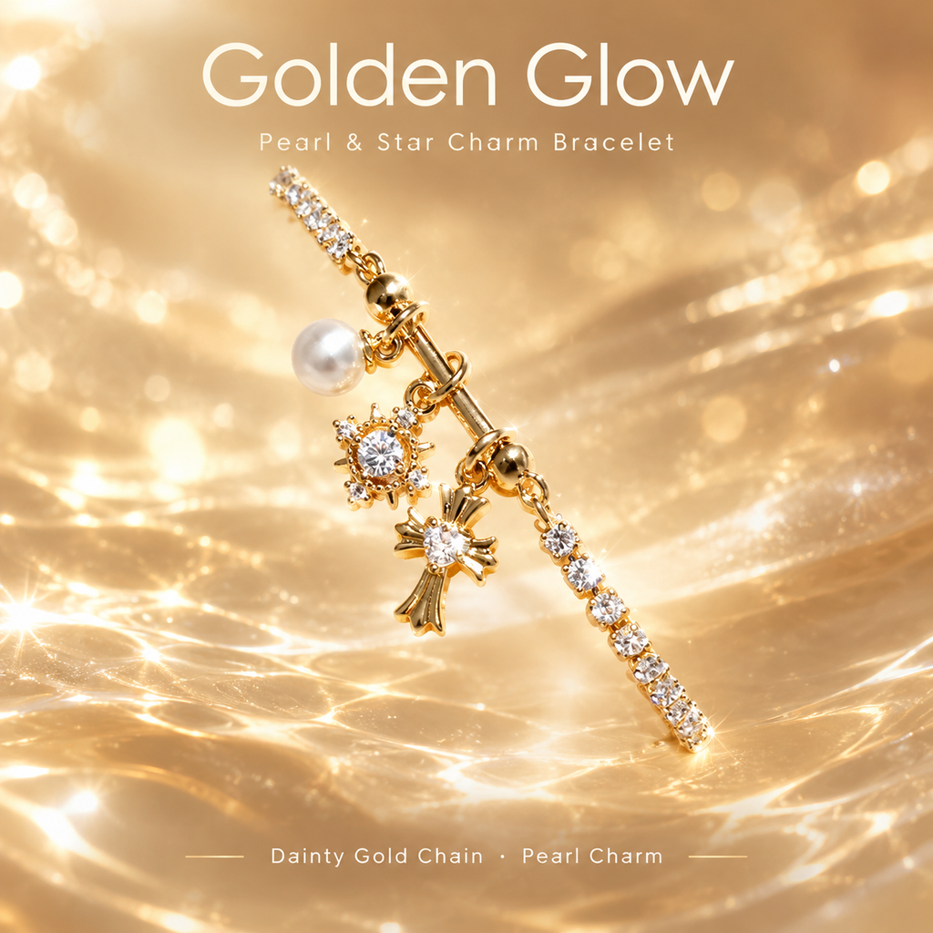 18K Gold Plated Pearl Star Cross Charm Tennis Bracelet, Dainty Cubic Zirconia Stackable Bracelet for Women, Golden Glow Charm Bracelet