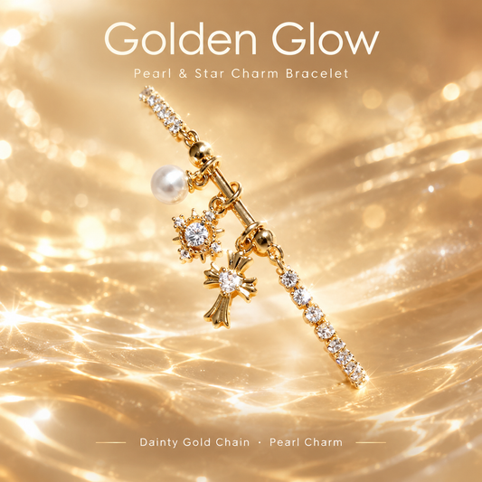 18K Gold Plated Pearl Star Cross Charm Tennis Bracelet, Dainty Cubic Zirconia Stackable Bracelet for Women, Golden Glow Charm Bracelet