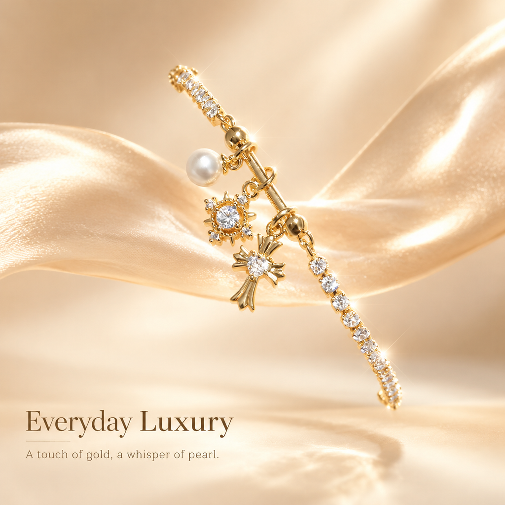 18K Gold Plated Pearl Star Cross Charm Tennis Bracelet, Dainty Cubic Zirconia Stackable Bracelet for Women, Golden Glow Charm Bracelet