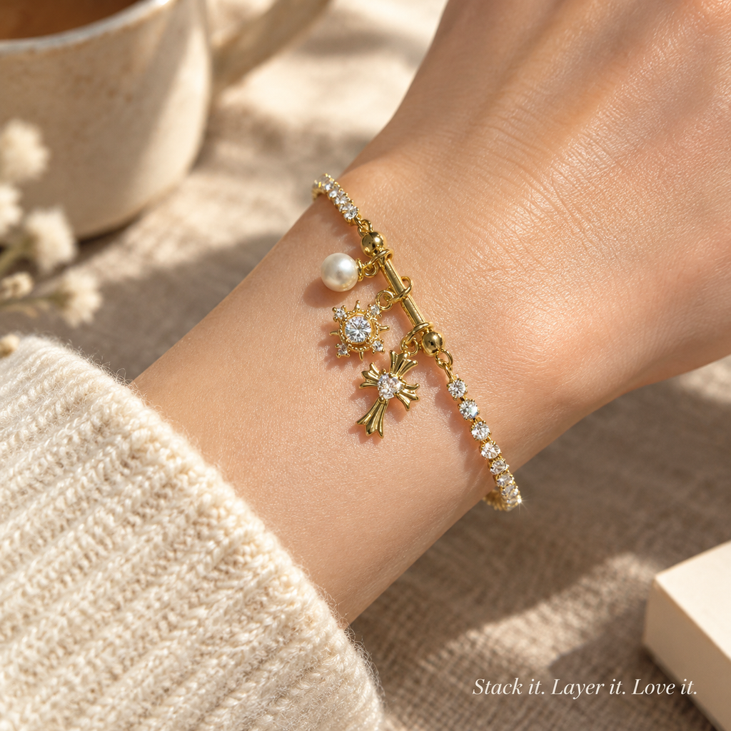 18K Gold Plated Pearl Star Cross Charm Tennis Bracelet, Dainty Cubic Zirconia Stackable Bracelet for Women, Golden Glow Charm Bracelet