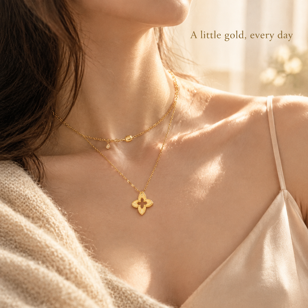 18K Gold Plated Dainty Four Leaf Clover Pendant Necklace, Minimalist Hollow Clover Layering Necklace for Women, Everyday Gold Necklace
