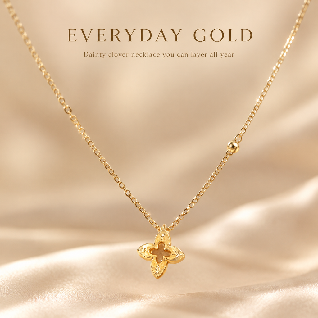 18K Gold Plated Dainty Four Leaf Clover Pendant Necklace, Minimalist Hollow Clover Layering Necklace for Women, Everyday Gold Necklace