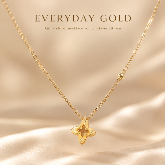 18K Gold Plated Dainty Four Leaf Clover Pendant Necklace, Minimalist Hollow Clover Layering Necklace for Women, Everyday Gold Necklace