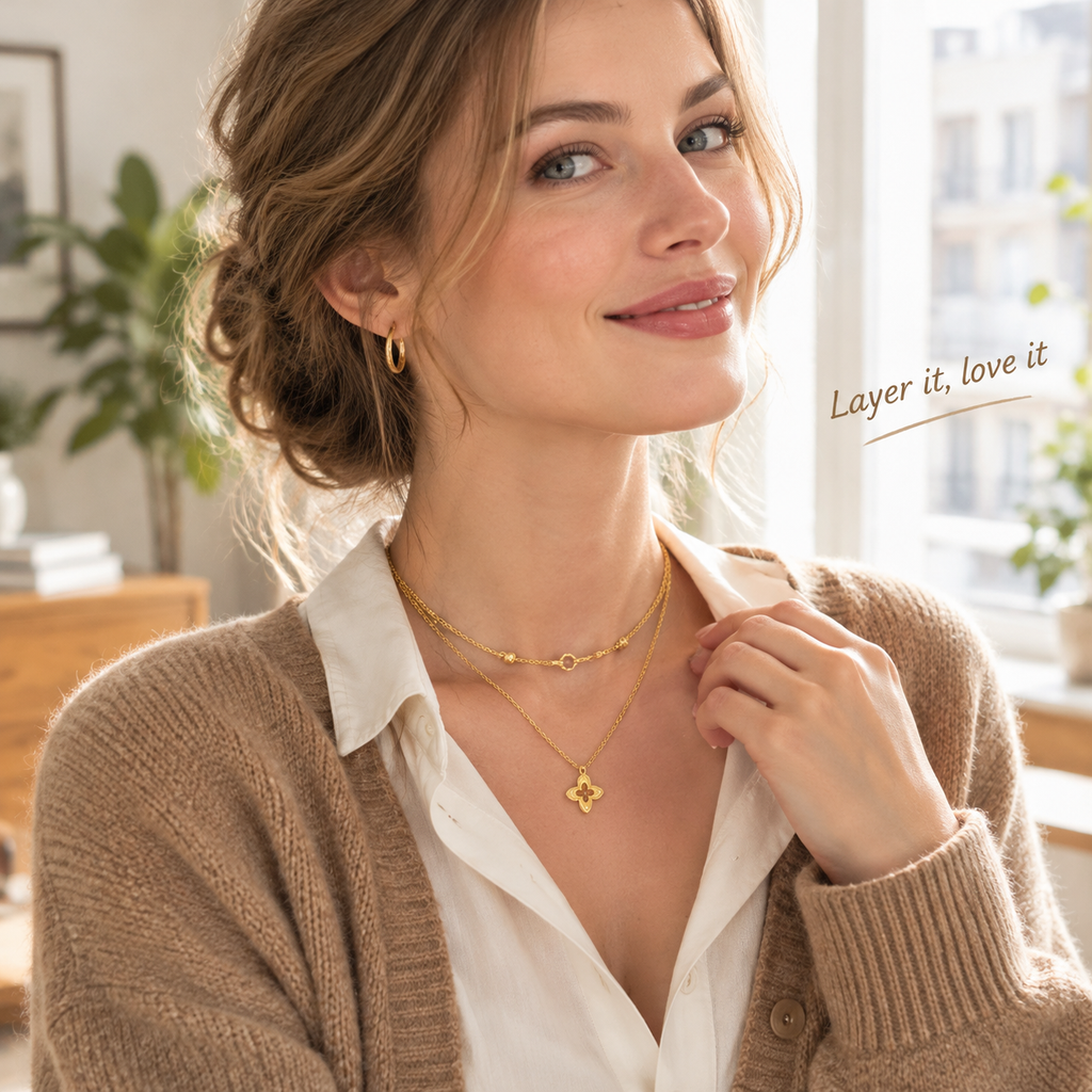 18K Gold Plated Dainty Four Leaf Clover Pendant Necklace, Minimalist Hollow Clover Layering Necklace for Women, Everyday Gold Necklace