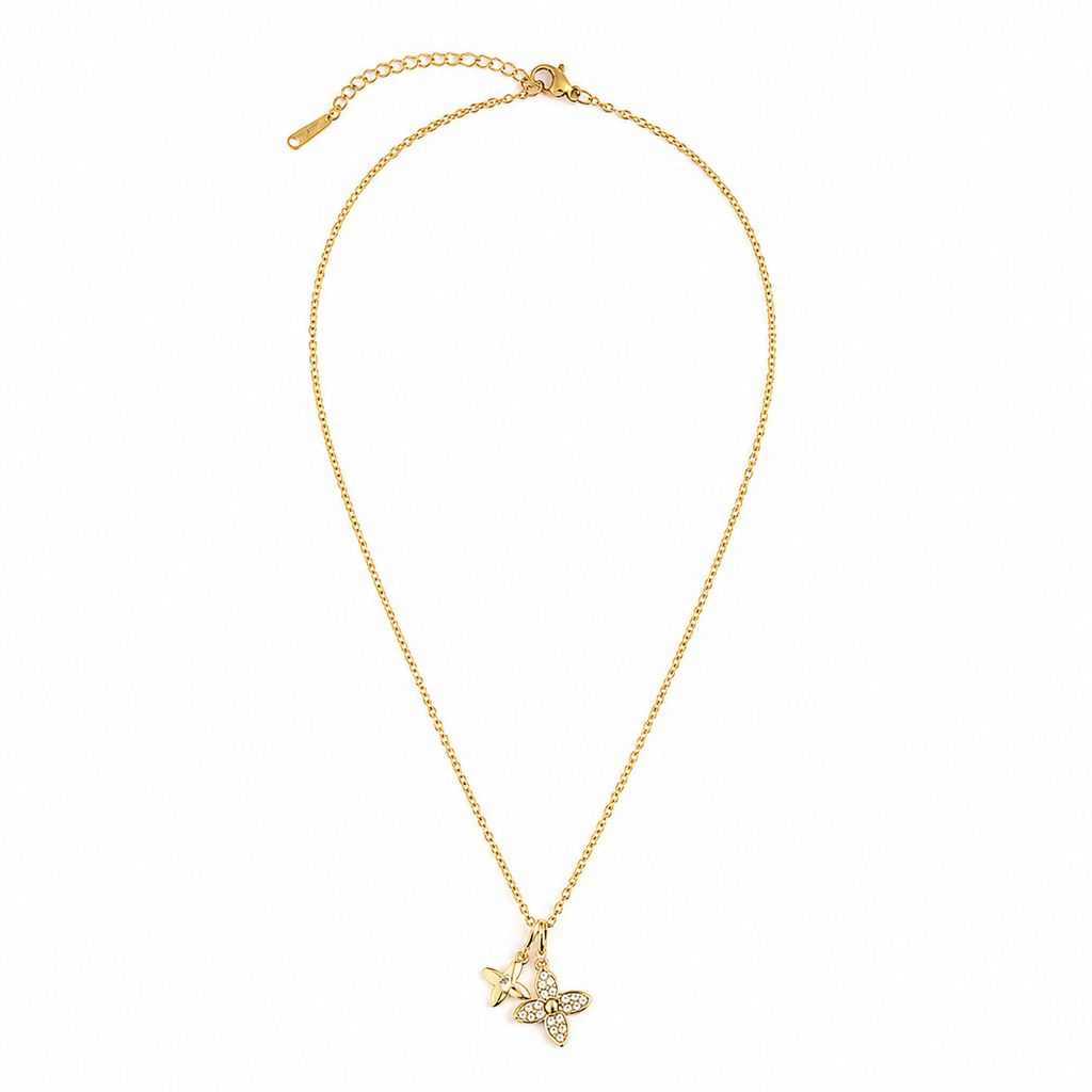 18K Gold Plated Double Charm Necklace, Pave CZ Four Leaf Clover & Butterfly Pendant Necklace for Women, Dainty Layering Necklace with Gift Box