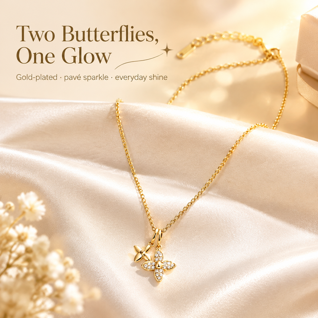 18K Gold Plated Double Charm Necklace, Pave CZ Four Leaf Clover & Butterfly Pendant Necklace for Women, Dainty Layering Necklace with Gift Box