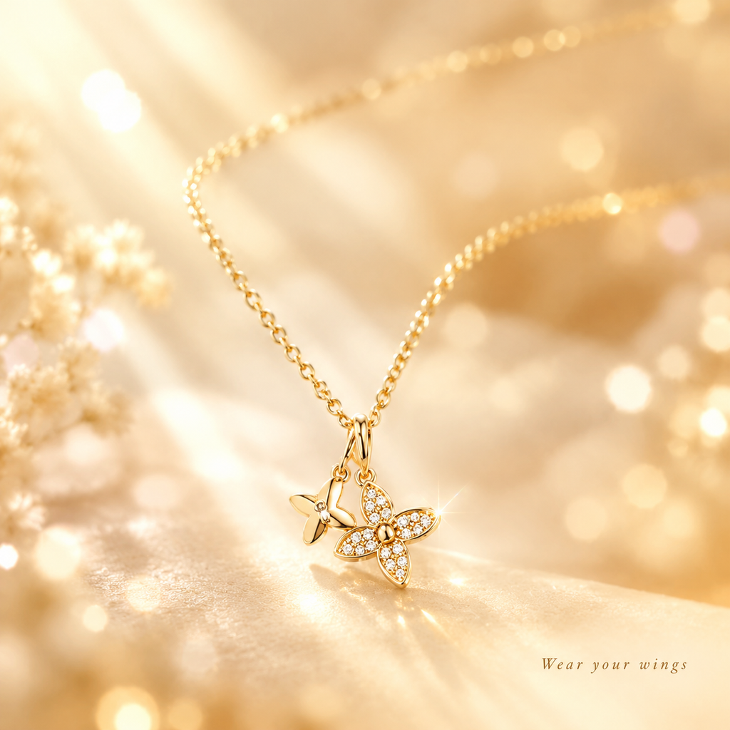 18K Gold Plated Double Charm Necklace, Pave CZ Four Leaf Clover & Butterfly Pendant Necklace for Women, Dainty Layering Necklace with Gift Box