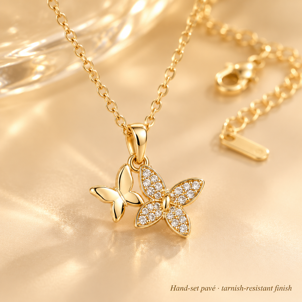 18K Gold Plated Double Charm Necklace, Pave CZ Four Leaf Clover & Butterfly Pendant Necklace for Women, Dainty Layering Necklace with Gift Box