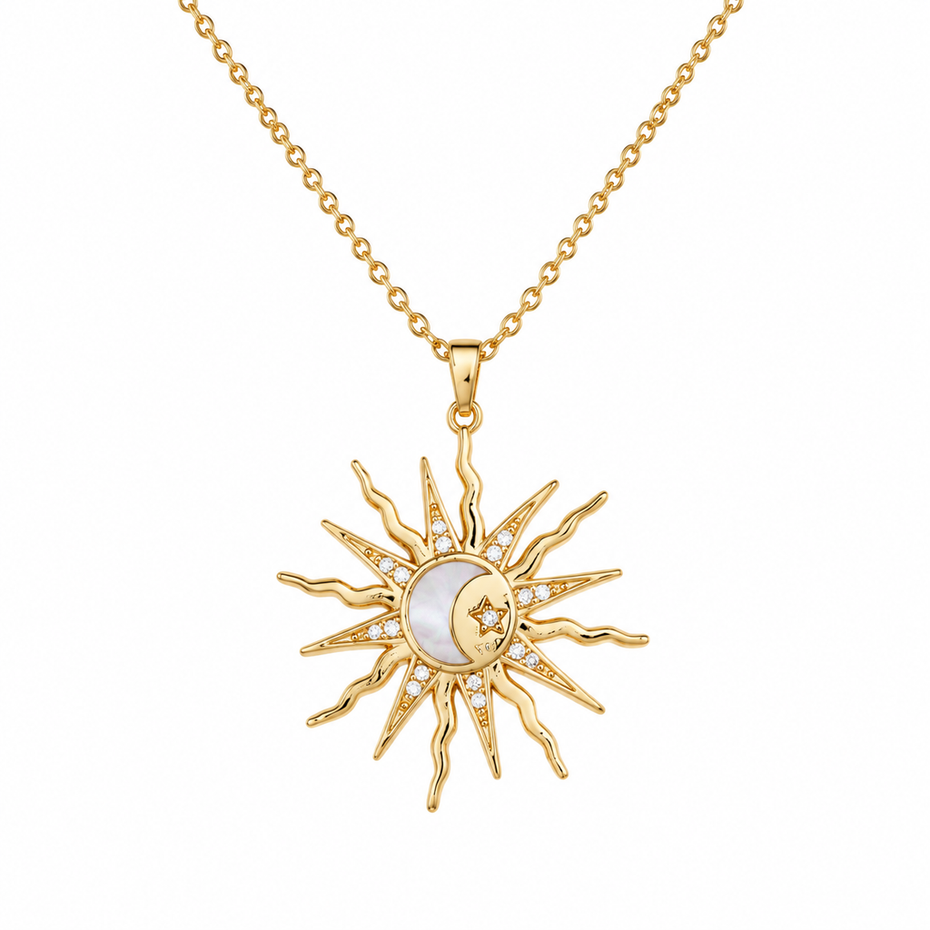 18K Gold Plated Sun Moon Star Pendant Necklace, Dainty Mother of Pearl CZ Sunburst Layering Necklace for Women, Celestial Jewelry