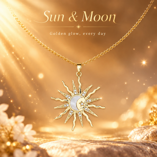 18K Gold Plated Sun Moon Star Pendant Necklace, Dainty Mother of Pearl CZ Sunburst Layering Necklace for Women, Celestial Jewelry