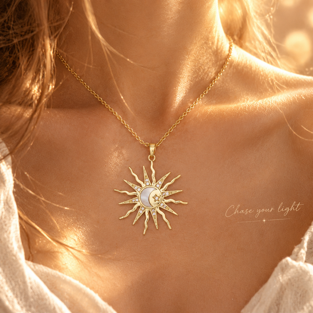 18K Gold Plated Sun Moon Star Pendant Necklace, Dainty Mother of Pearl CZ Sunburst Layering Necklace for Women, Celestial Jewelry