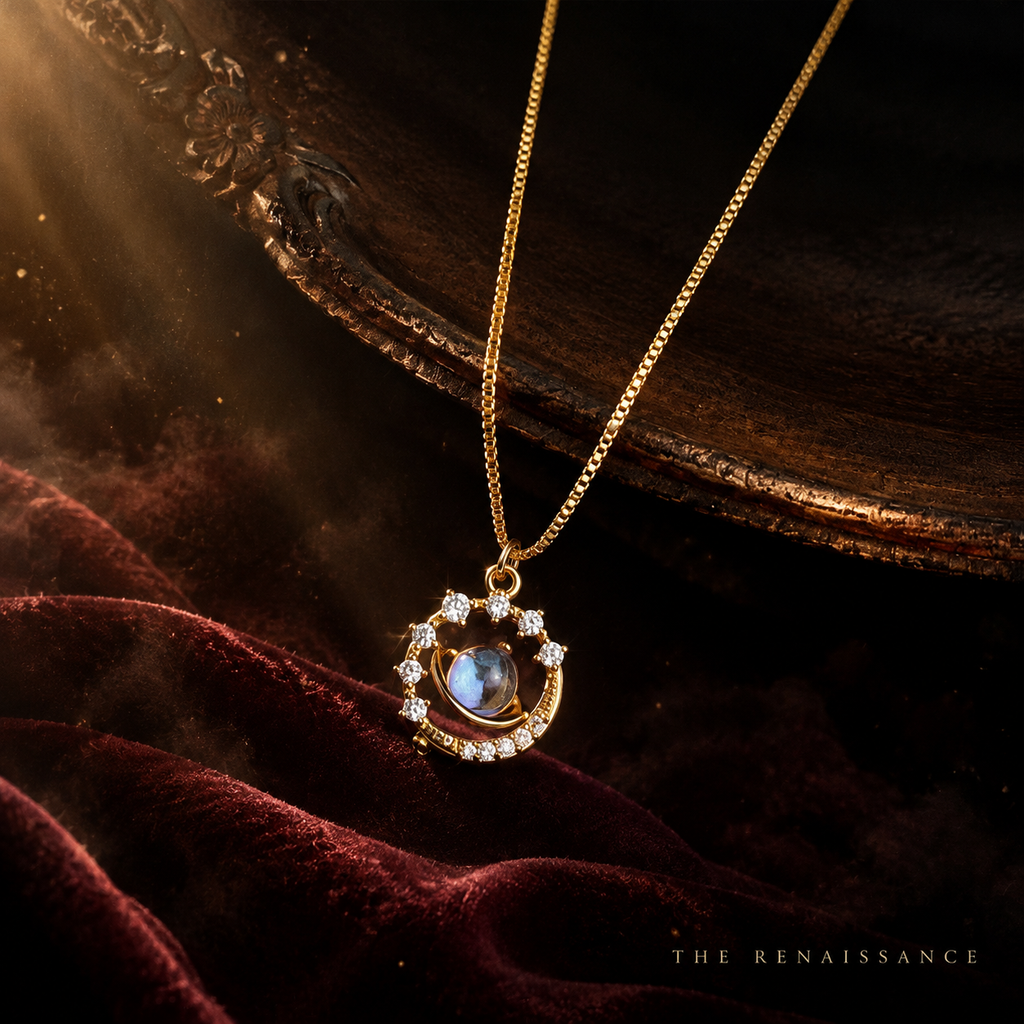 18K Gold Plated Vintage Moonstone Pendant Necklace, Renaissance Style Oval Natural Moonstone Halo CZ Crystal Box Chain Necklace for Women