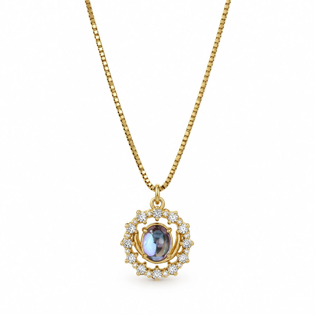 18K Gold Plated Vintage Moonstone Pendant Necklace, Renaissance Style Oval Natural Moonstone Halo CZ Crystal Box Chain Necklace for Women