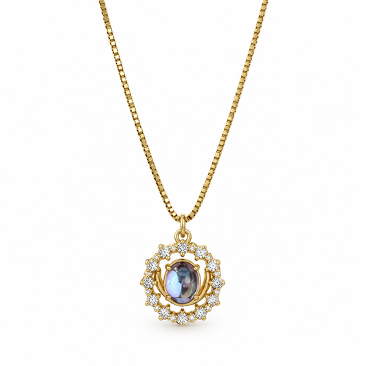 18K Gold Plated Vintage Moonstone Pendant Necklace, Renaissance Style Oval Natural Moonstone Halo CZ Crystal Box Chain Necklace for Women