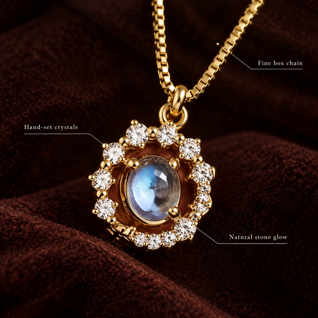 18K Gold Plated Vintage Moonstone Pendant Necklace, Renaissance Style Oval Natural Moonstone Halo CZ Crystal Box Chain Necklace for Women