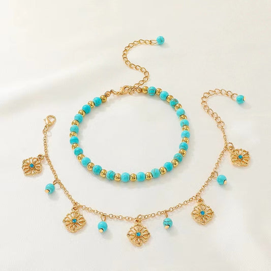 Vintage two-piece alloy turquoise  ladies bracelet