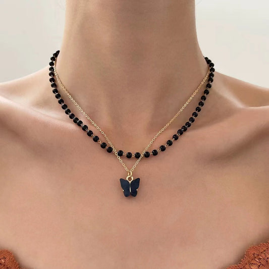 Black beads retro 2 layers ladies necklace