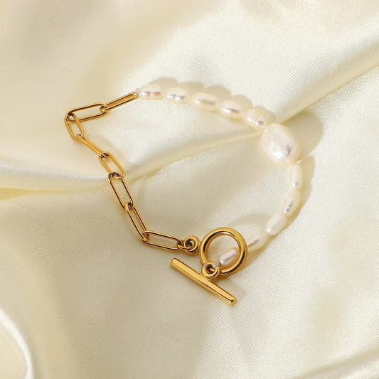 18K gold plating chain+enuine freshwater pearls bracelet