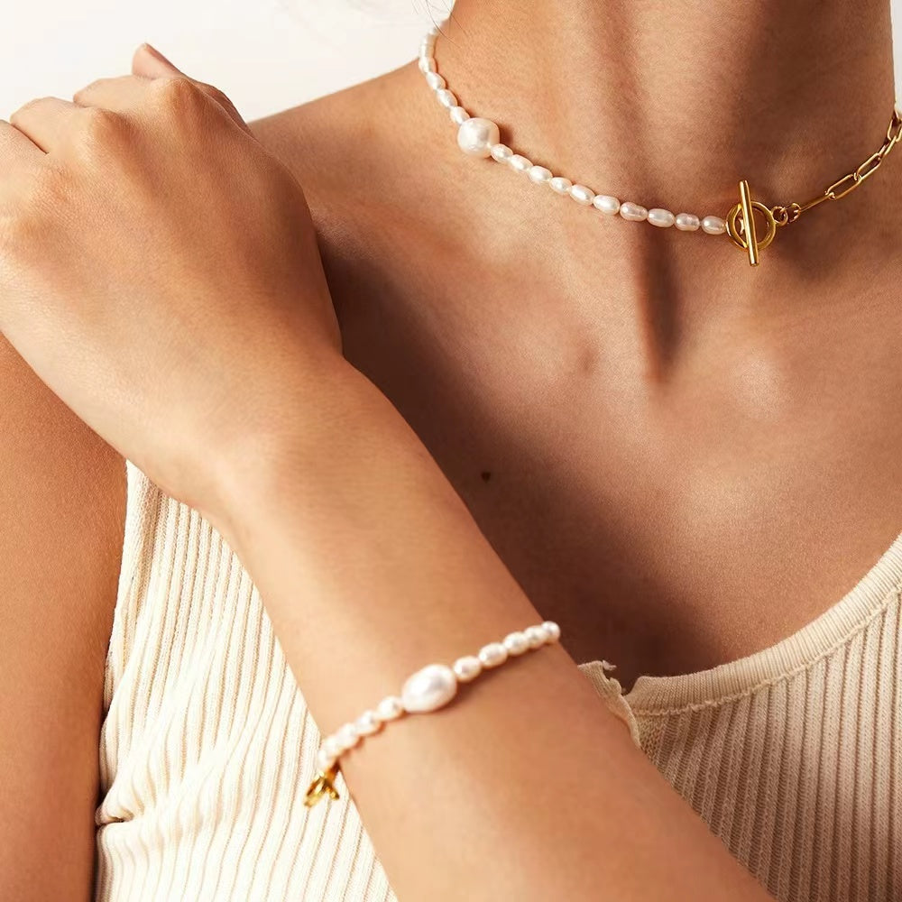 18K gold plating chain+enuine freshwater pearls bracelet