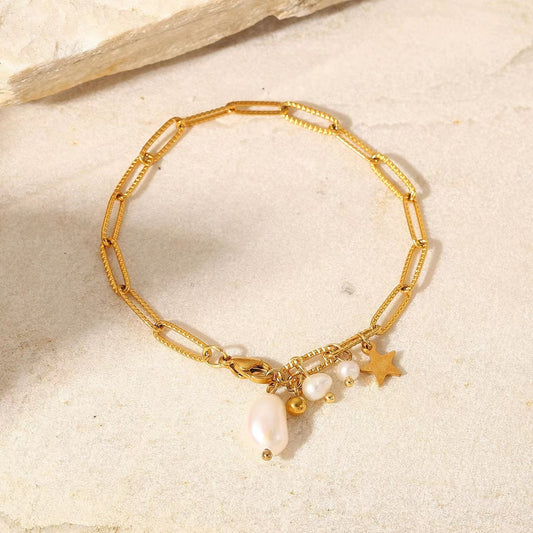 18K gold  plating  bracelet  with genuine freshwater pearls + star shape pendant