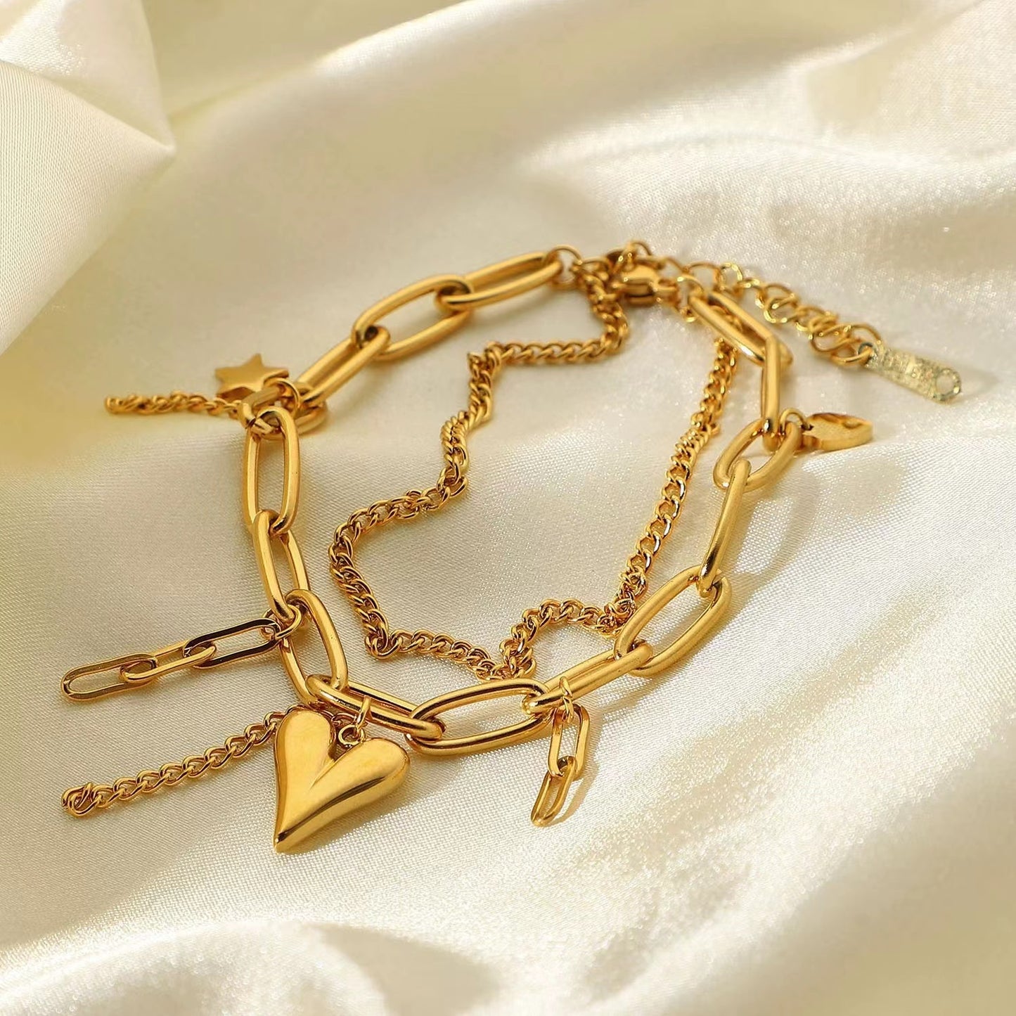 18KT Gold Plating two layers of bracelet with heart + star shape pendant
