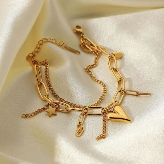 18KT Gold Plating two layers of bracelet with heart + star shape pendant