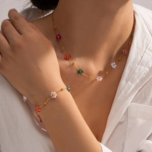 18K Gold plating necklace  and bracelet sets with multi colors of flowers