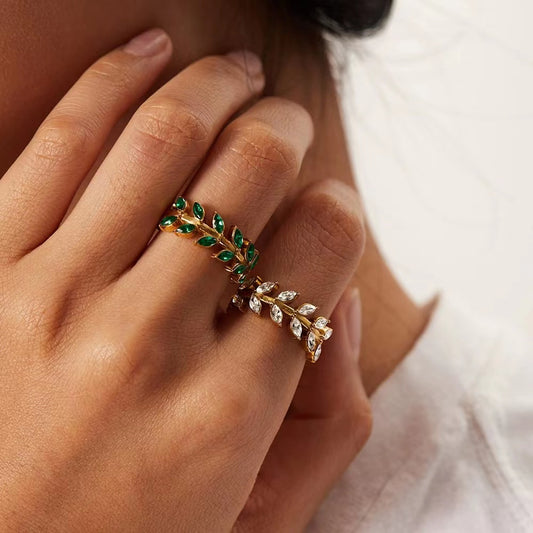 18K Gold Plating ring featuring leaves shape of CZ stone