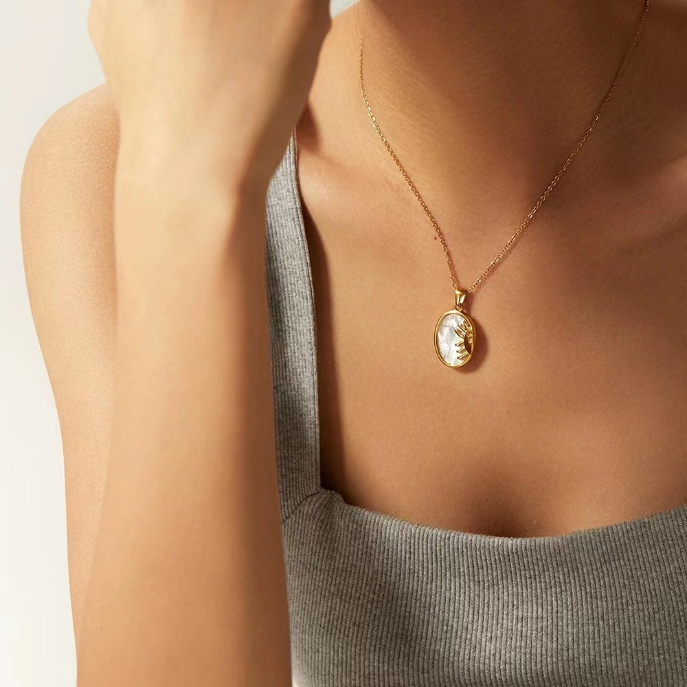 18k plating gold with pave Shell Necklace  oval Sunm or Moon or face pendant necklace