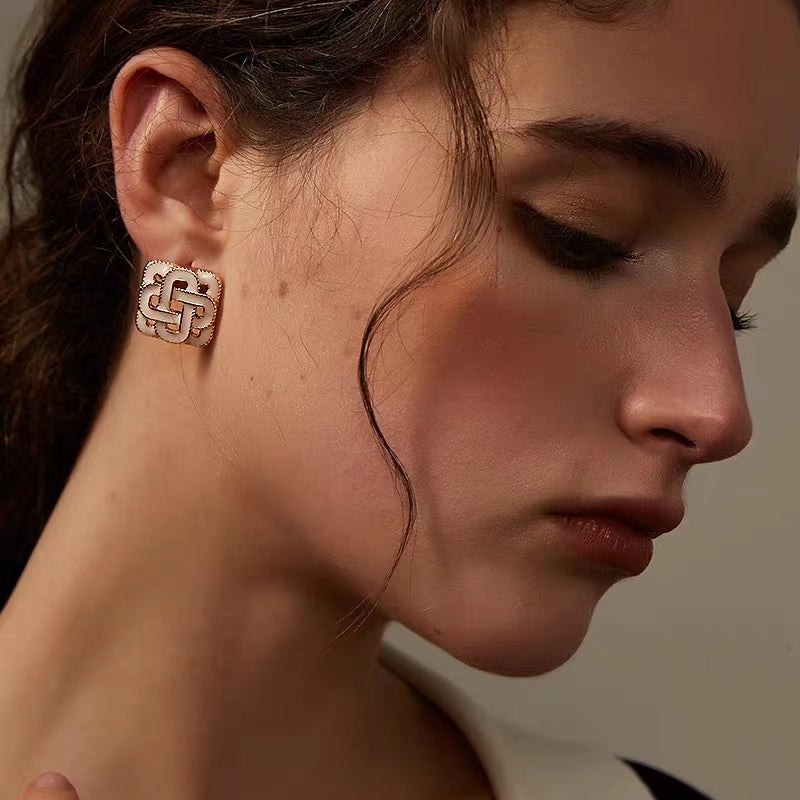 Chinese knot square earrings retro French entry luxury fashion style