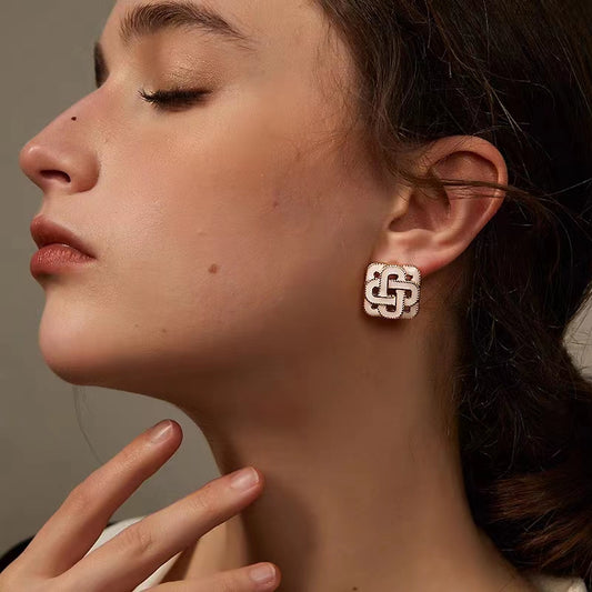 Chinese knot square earrings retro French entry luxury fashion style