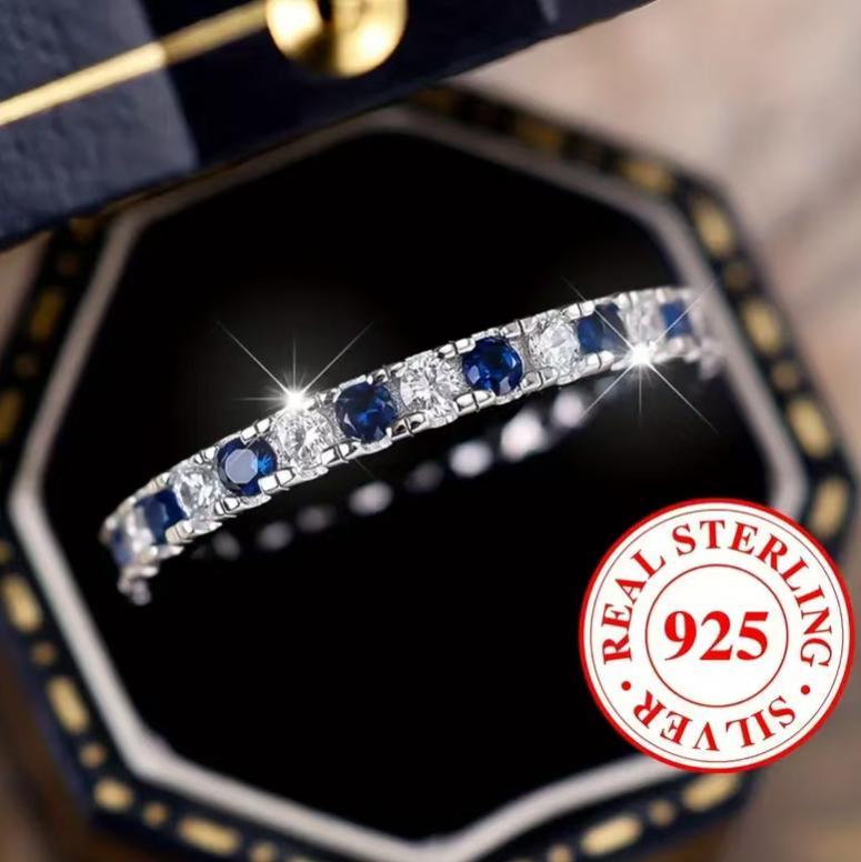 Women's Silver Tone Copper Stackable Band Ring, Full Circle Inlaid Blue & Clear Cubic Zirconia Finger Ring, Dainty Eternity Fashion Costume Jewelry, Trendy Accessories for Dating Party Daily Wear
