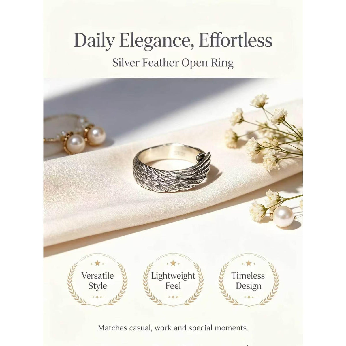 Men's Vintage Oxidation Finish Wing-Open Silver Ring, Detailed Feather Textures, Adjustable Size Band, Premium Anniversary Gift Jewelry