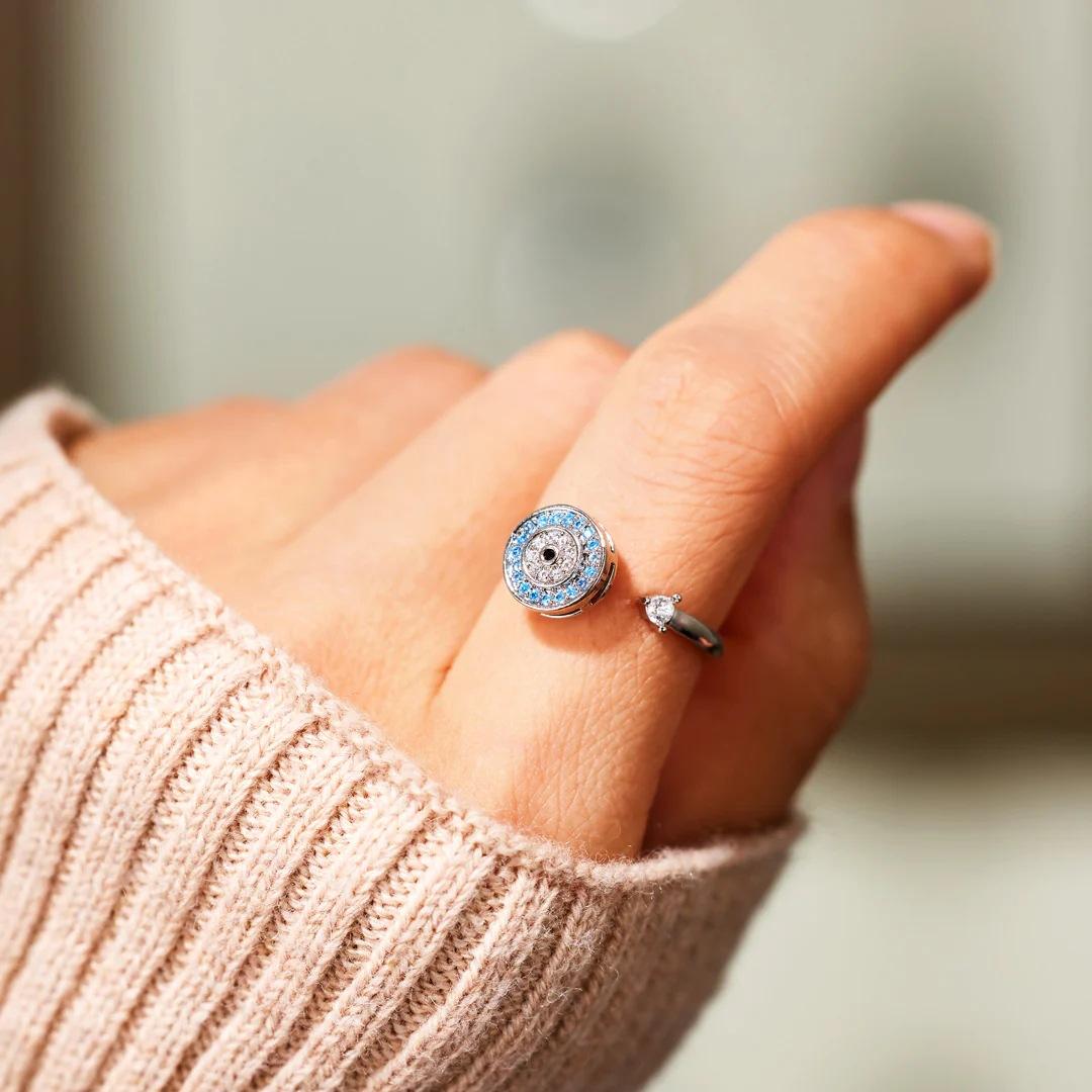 Unisex Rotating Eye Copper Ring with Round Synthetic Coloured Gemstone - Adjustable Open No-Decor Fashion Costume Jewelry for Women's Anti-Anxiety Stress Relief Daily Wear