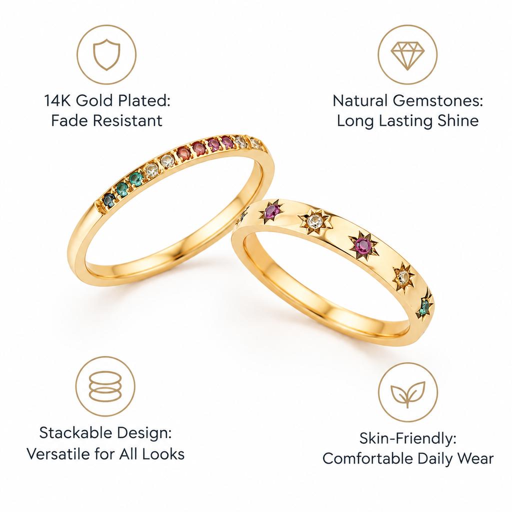 Women's Gold Tone Titanium Steel Stackable Ring, Dainty Thin Band Inlaid Colorful Cubic Zirconia Ring, Minimalist Rainbow Gem Finger Ring, Fashion Costume Jewelry, Versatile Daily Dating Party Accessories