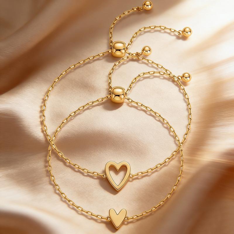 Women's 2-Piece Adjustable Solid Heart Stainless Steel Bracelet Set - Gift-Ready Reversible Bangles with Heart Charm, European & American Fashion Friendship Costume Jewelry Accessory,