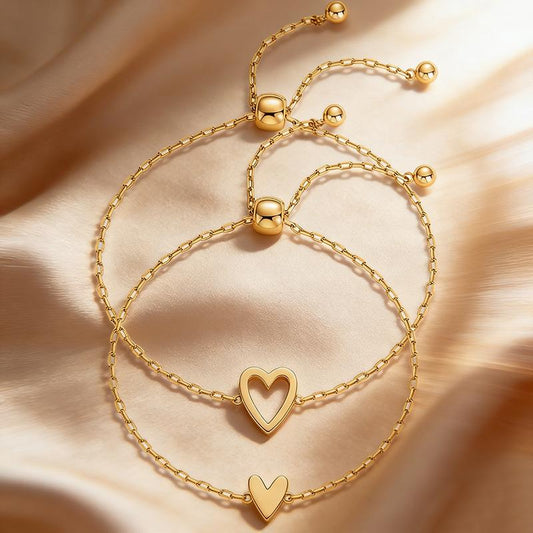 Women's 2-Piece Adjustable Solid Heart Stainless Steel Bracelet Set - Gift-Ready Reversible Bangles with Heart Charm, European & American Fashion Friendship Costume Jewelry Accessory,