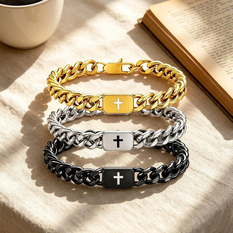 Men's Titanium Steel Cross Charm Bracelet - Solid Chain, Trendy Shape, Casual Fashion, Everyday Use, High-End, Non-Fading, Hypoallergenic Costume Jewelry Accessory