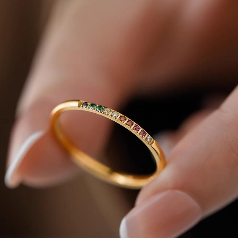 Women's Gold Tone Titanium Steel Stackable Ring, Dainty Thin Band Inlaid Colorful Cubic Zirconia Ring, Minimalist Rainbow Gem Finger Ring, Fashion Costume Jewelry, Versatile Daily Dating Party Accessories