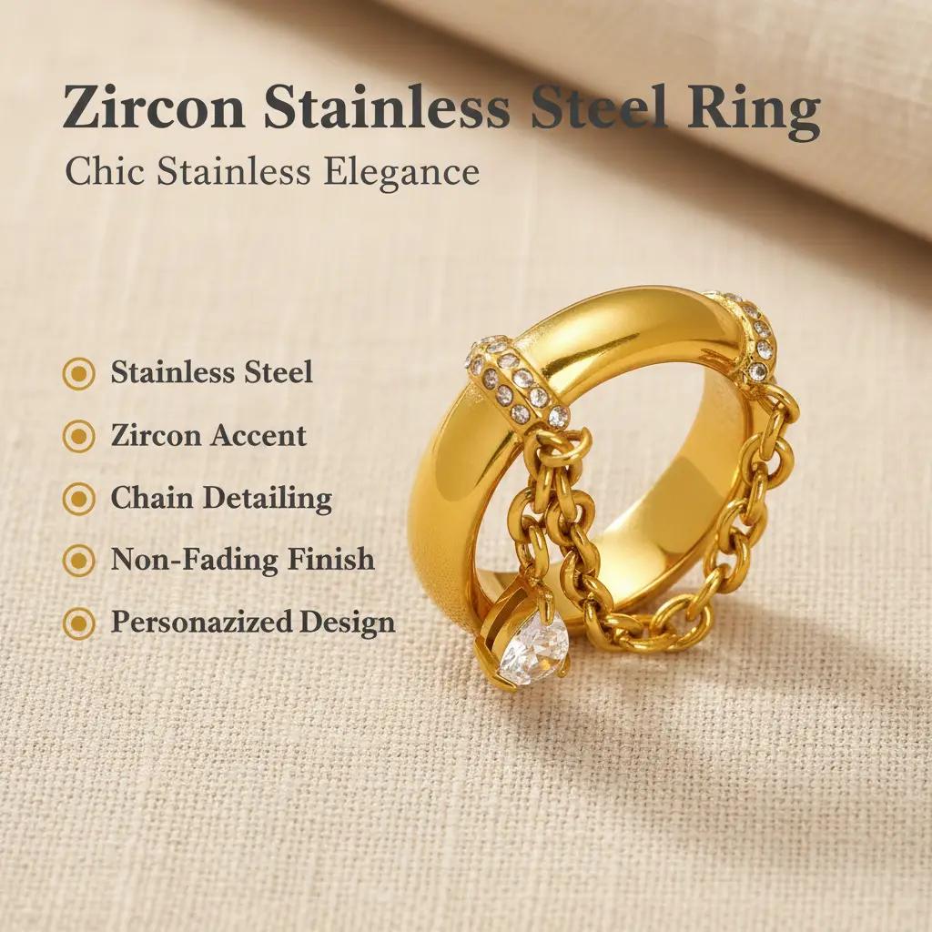 Women's Personalized Drop-Shape Zircon Stone C269 Stainless Steel Chain Female Ring - Fashionable Exquisite Accessory, Simple Versatile Non-Fading Costume Jewelry