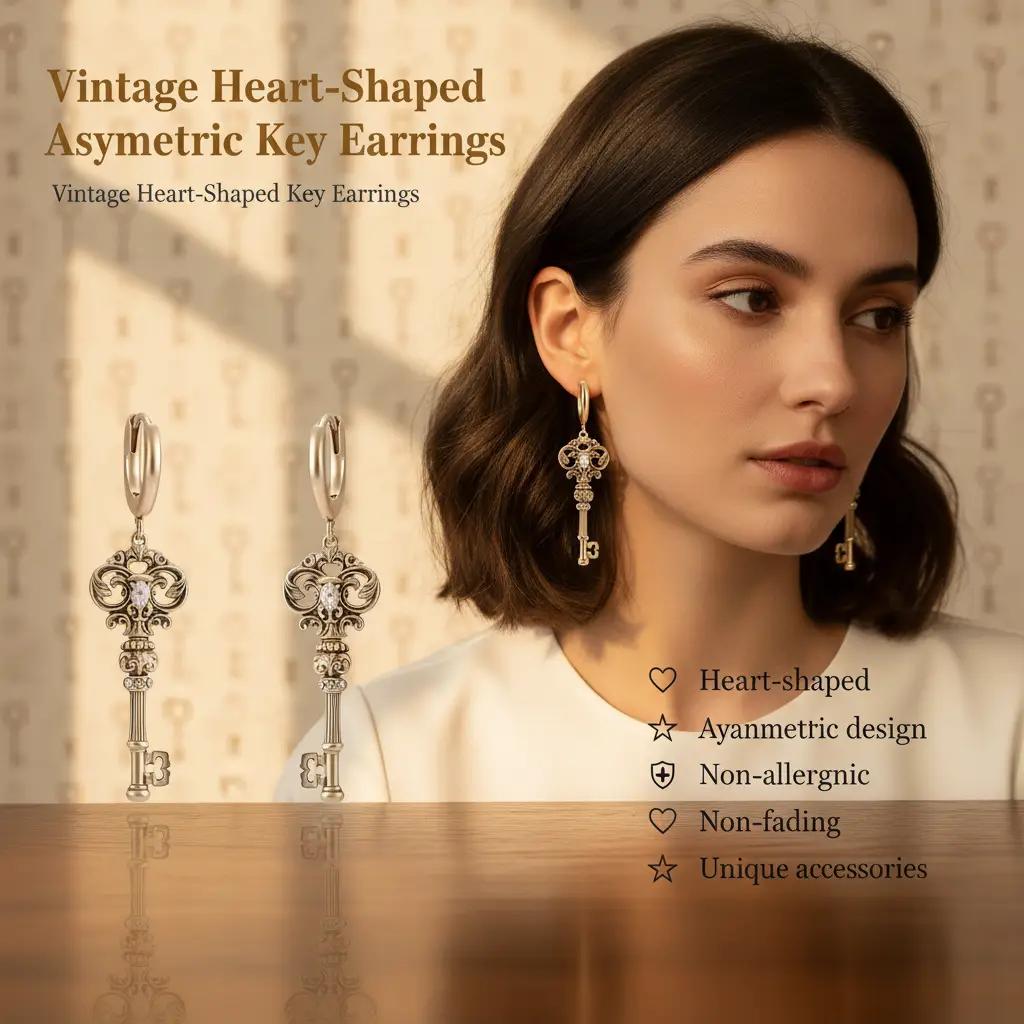 Women's Retro Love Lock Series Asymmetric Hook Earrings - 0.25Ct - 0.49Ct Heart Cut, Alloy Copper, Hypoallergenic, Non-Fading, Artistic Charm Hook, Business Costume Jewelry, Carabiner Keychain Accessories