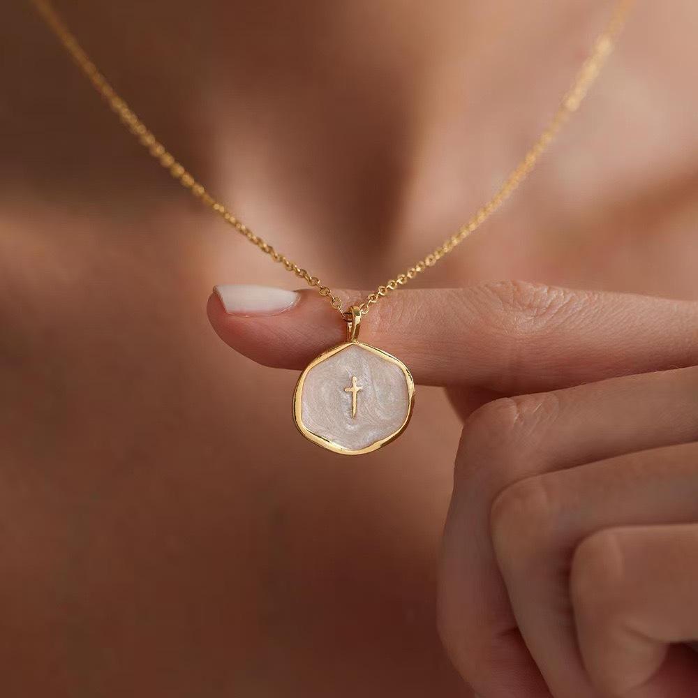 Women's Gold-Tone Stainless Steel Cross Pendant Necklace - Dainty Enamel Oil-Drip Round Disc, Simple Chain & Link Casual Female Costume Jewelry, Minimalist Daily Wear Accessory