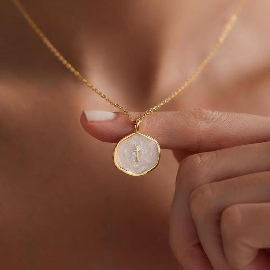 Women's Gold-Tone Stainless Steel Cross Pendant Necklace - Dainty Enamel Oil-Drip Round Disc, Simple Chain & Link Casual Female Costume Jewelry, Minimalist Daily Wear Accessory