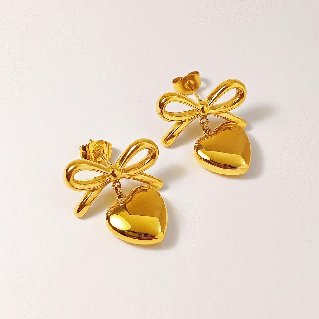 Women's B376 Heart Knot Stud Earrings - Stainless Titanium Steel Fashion Costume Jewelry for Female, Gold + Silver Heart Shape Non-Fading Motif Accessories