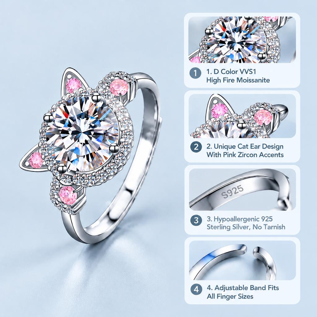 Women's Cute Cat Ear Open Band Ring, Inlaid Sparkling Cubic Zirconia Adjustable Finger Ring, Sweet Pink Accent Fashion Costume Jewelry, Versatile Party Dating Accessories for Ladies