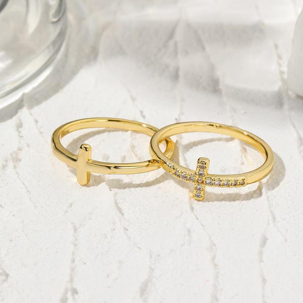 Cross Promise Rings for Couples - 14K Gold-Plated Copper, Zircon Accents, 6G Unisex Size Matching Pairs, European Look, Gold-Plated Shimmer, Colorfast, Hypoallergenic, No Stone Loss, Elegant Personalized Casual Wear Gift